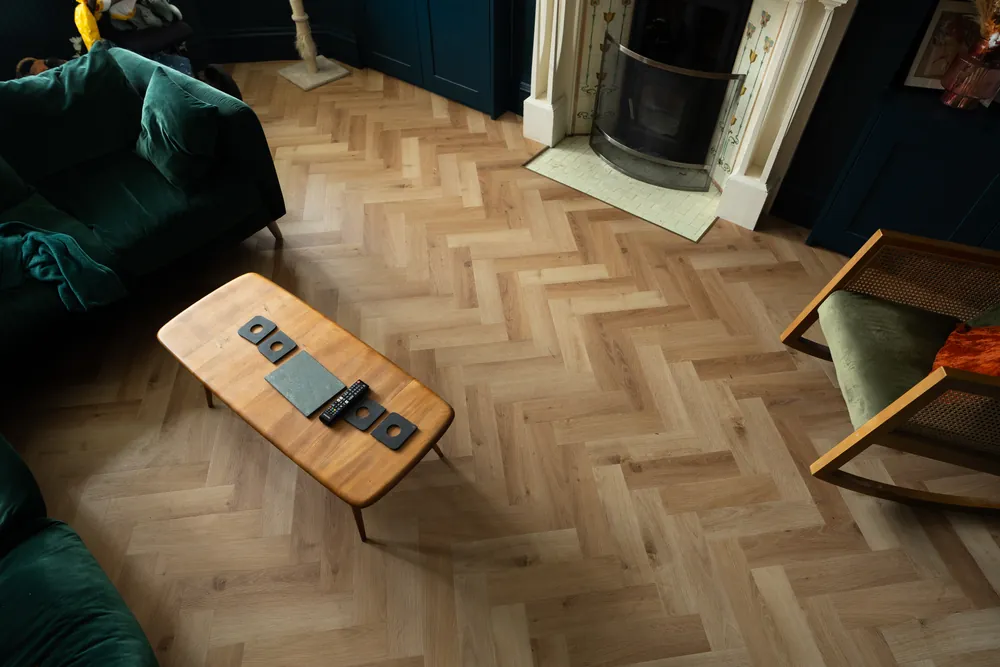 A lounge finished in herringbone LVT